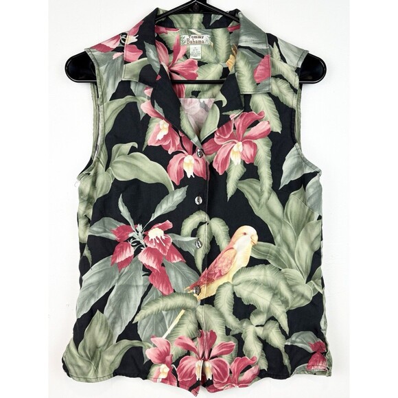 Tommy Bahama Vintage Silk Black Tropical Bird Caribbean Blouse Medium, 8, 10 - Picture 1 of 8